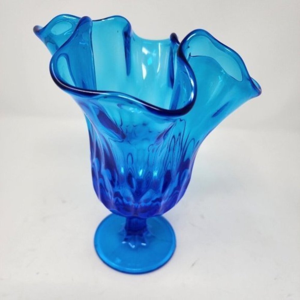 Vtg‎ Fenton Swung Stretch Handkerchief Pedestal Thumb Print Colonial Blue Vase - Picture 3 of 12
